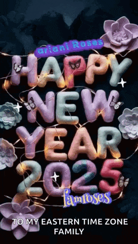 a picture of a happy new year greeting card with flowers and butterflies