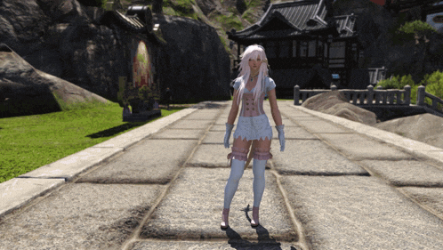 a woman with white hair is standing on a path