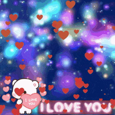 a cartoon bear is holding a heart that says i love you