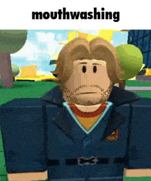 a roblox character with a beard and a jacket is mouthwashing