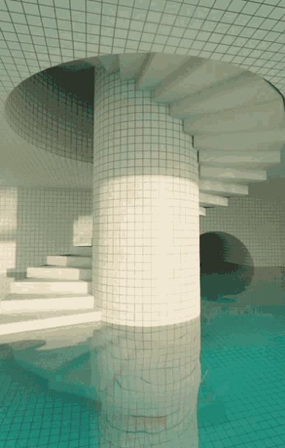 a spiral staircase in a swimming pool with a pillar in the middle