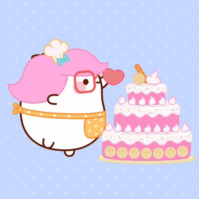 a cartoon character is holding a heart in front of a cake