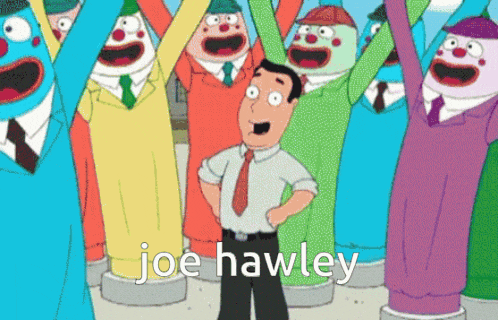 a cartoon of joe hawley standing in front of a group of clowns