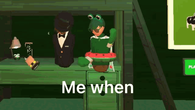 a man in a tuxedo stands next to a frog holding a watermelon in a video game