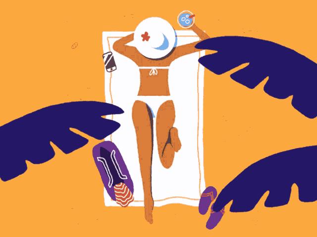 an illustration of a woman in a bikini laying on a beach towel with flip flops around her