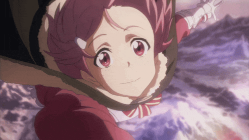 a little girl with pink hair and red eyes is flying through the air