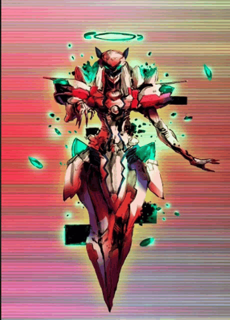a colorful drawing of a robot with a halo on its head