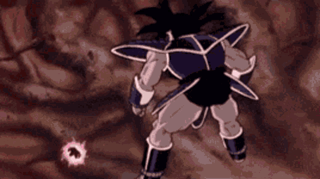 a cartoon character is flying through the air with a pink aura around him .