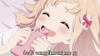 a girl is laying on a bed in a room with the words dada compliment me 3