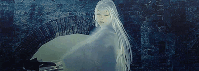 a woman with long white hair is holding a piece of paper