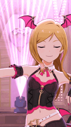 a girl in a pink and black outfit with devil wings