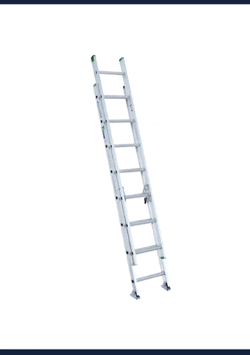 an aluminum ladder with a green handle on a white background