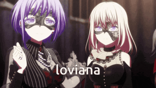 two anime girls are standing next to each other with the name loviana on the bottom