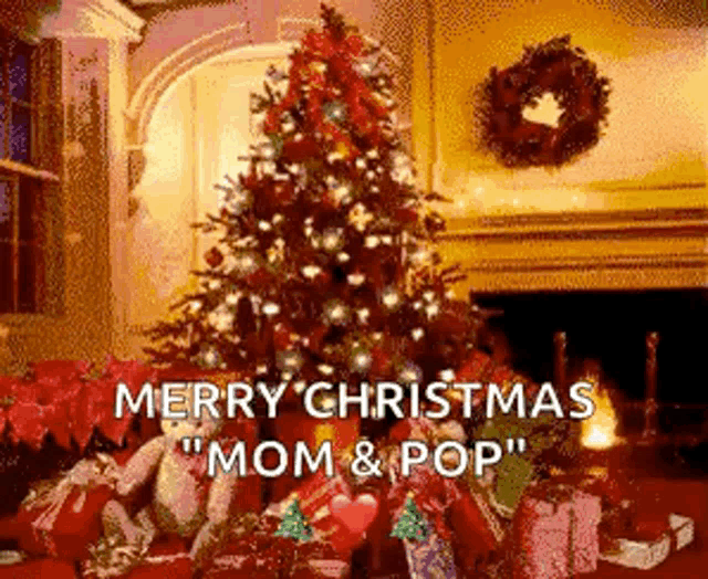 a christmas tree with gifts underneath it and the words merry christmas mom and pop