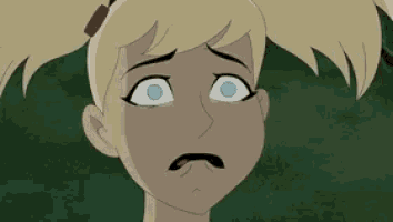 a cartoon girl with blonde hair and blue eyes is making a funny face .