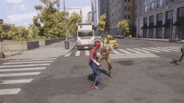 a video game shows a spider man fighting a woman