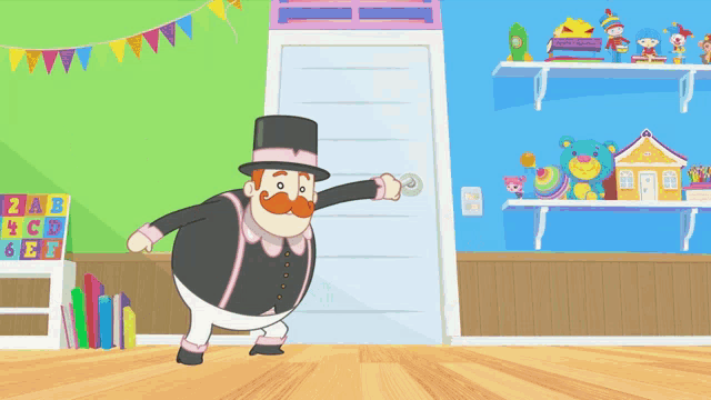 a cartoon of a man with a top hat holding a key