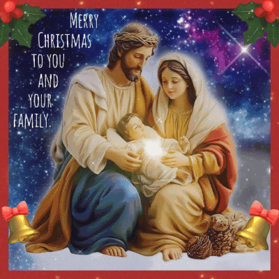 a merry christmas card with jesus and mary holding a baby