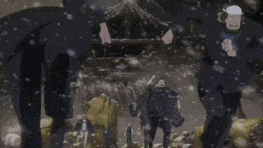 a group of anime characters standing in front of a greenhouse in the snow