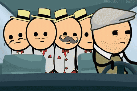 a cartoon of a man driving a car with a bunch of other men