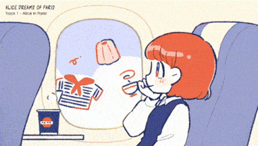 a drawing of a girl on an airplane with the words alice dreams of paris