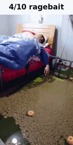 a person laying on a bed with the words 4/10 ragebait on the top