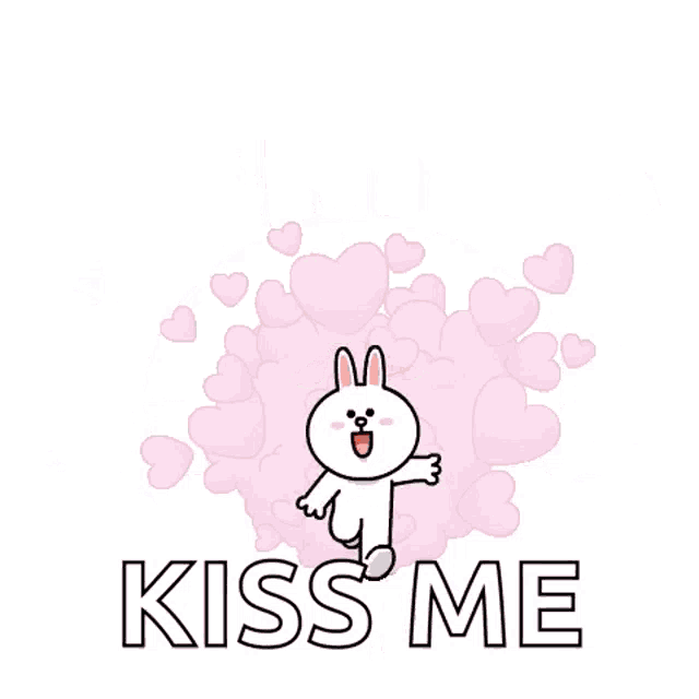 a cartoon rabbit is saying `` kiss me '' surrounded by hearts .