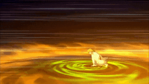 a cartoon of a man kneeling in a circle with a yellow swirl around him
