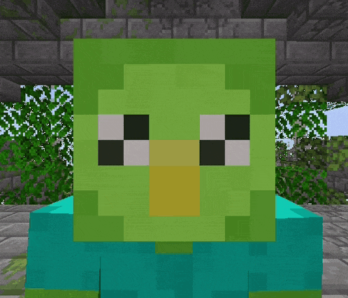 a green turtle with a yellow beak is in a minecraft game