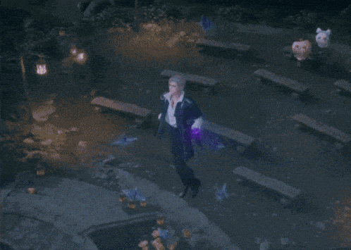 a man in a suit is standing in the water with a sword in his hand