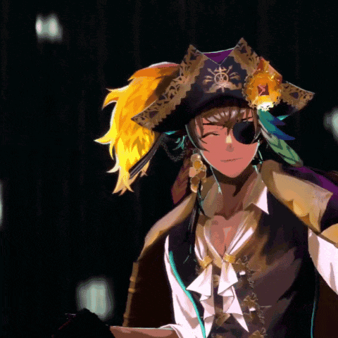 a man in a pirate costume with a feathered hat and eye patch