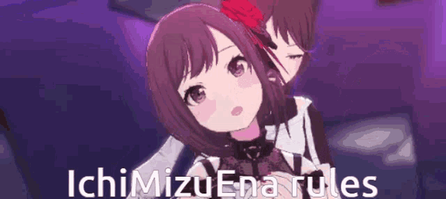 a couple of anime girls are hugging each other with the words ichimizuena rules written below them