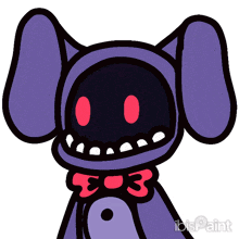 a cartoon drawing of a purple bunny with red eyes and the number 3 on its neck