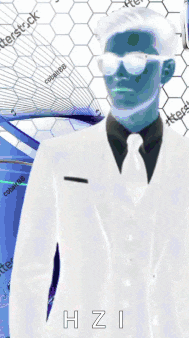 a man wearing sunglasses and a suit has the name hzi on the bottom