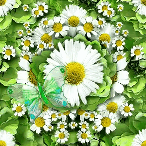 a green butterfly is sitting on top of a bunch of daisies