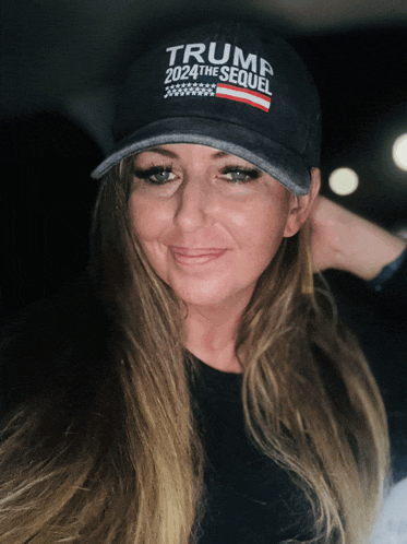 a woman wearing a hat that says " trump 2024 the sequel "