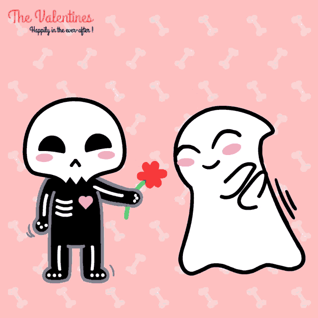 a cartoon of a skeleton giving a flower to a ghost with the words the valentines happily in the after