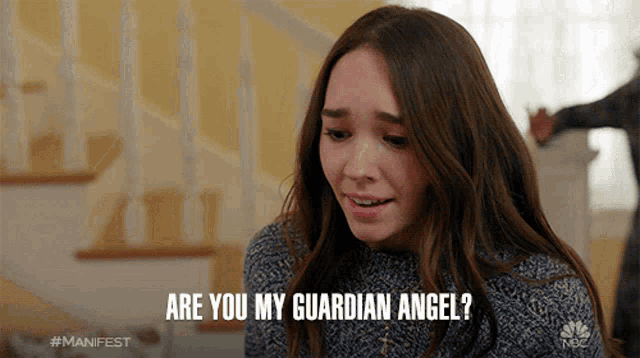 a girl says " are you my guardian angel " in front of some stairs