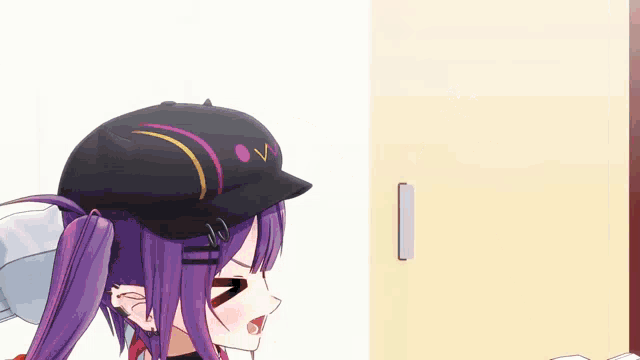 a girl with purple hair and a black hat with the letter v on it