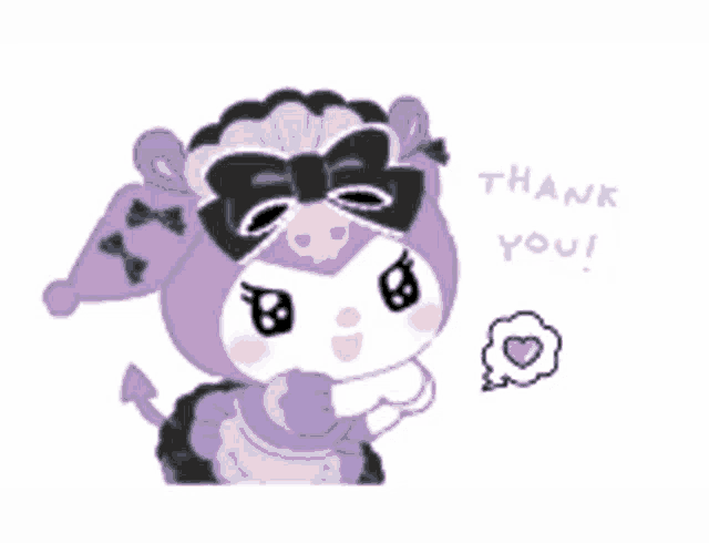 a cartoon drawing of a cow with a bow and the words thank you written below it
