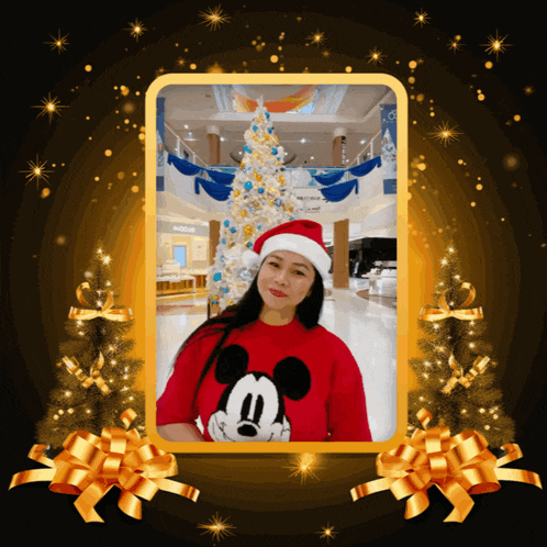 a woman wearing a mickey mouse sweater is in a picture frame