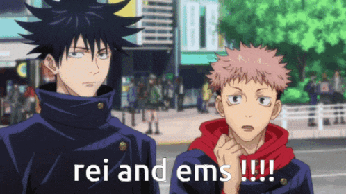 two anime characters standing next to each other with the words rei and ems