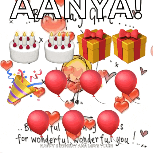 a birthday card for avanya with balloons hearts and presents