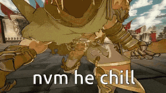 a cartoon of a warrior with the words nvm he chill below him