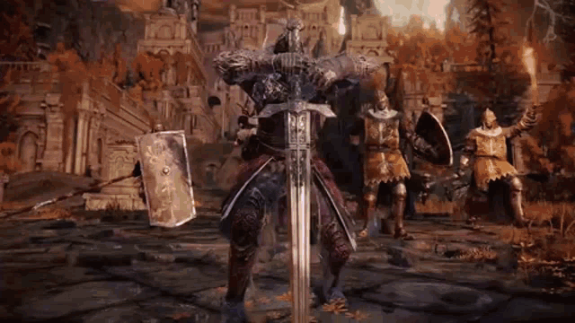 a knight with a sword and shield is standing in front of a group of knights .
