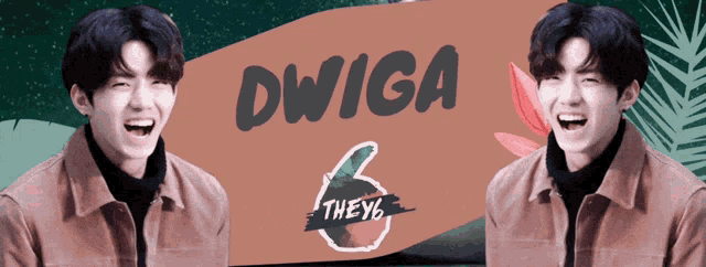 a man is laughing in front of a sign that says dwiga 6