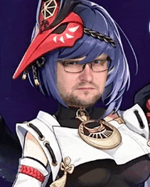 a man with blue hair and glasses is wearing a red bird mask .