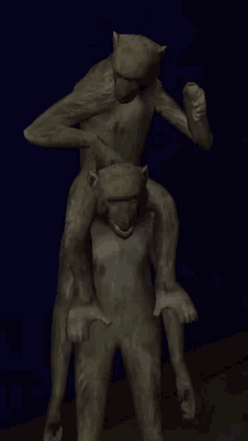 two monkeys are standing next to each other and one is on the back of the other