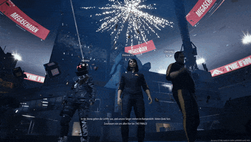 a group of people are standing in front of a fireworks display that says megaschuden