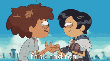 a couple of cartoon characters shaking hands with the words frisk and roni above them